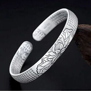 Sterling Silver Lotus Flower Bracelet Bangle Cuff Flower 925 Stamped